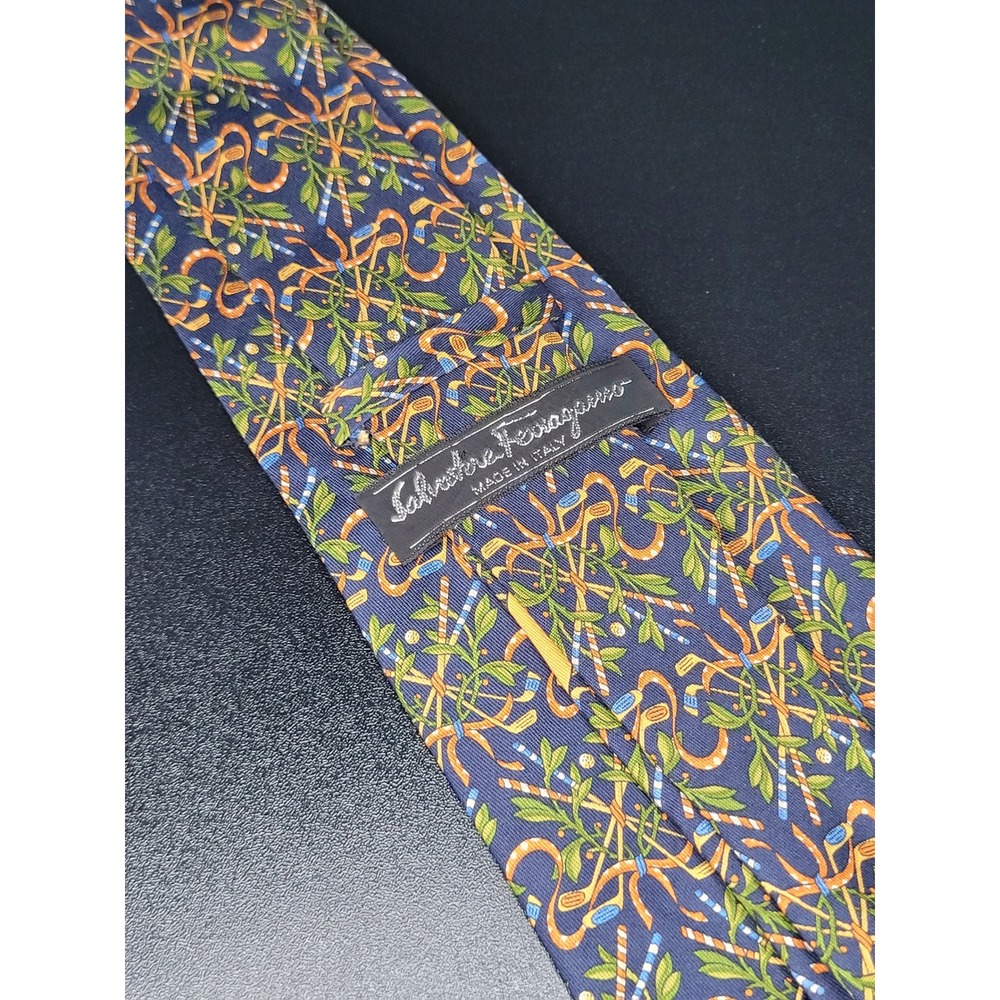 Salvatore Ferragamo Mens Silk Tie Navy Golf Club Ball Pattern Made in Italy